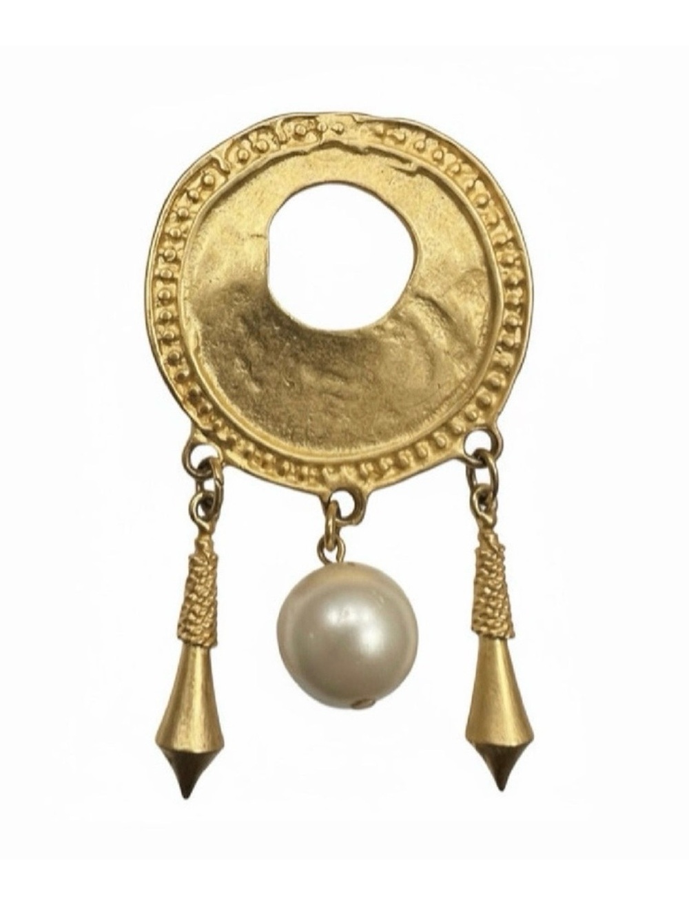 Vintage Brutalist Faux Pearl Brooch Gold Tone Pin